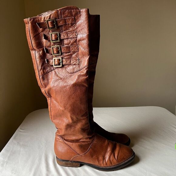 Steve Madden Cognac Leather Knee High Riding Boots Buckle Round Toe Women's‎ 7 - Picture 1 of 9